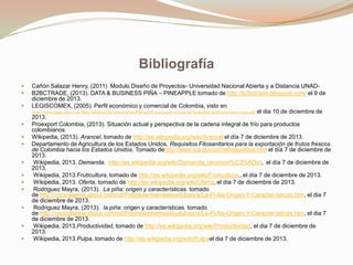Bibliografía














Cañón Salazar Henry, (2011) Modulo Diseño de Proyectos- Universidad Nacional Abierta y a Distancia UNADB2BCTRADE, (2013). DATA & BUSINESS PIÑA – PINEAPPLE tomado de http://b2bctrade.blogspot.com/ el 9 de
diciembre de 2013.
LEGISCOMEX, (2005). Perfil económico y comercial de Colombia, visto en
http://www.legiscomex.com/BancoMedios/Documentos%20PDF/perfil-economico-comercial-Colombia-perfil-economico-2013.pdf el dia 10 de diciembre de
2013.
Proexport Colombia, (2013). Situación actual y perspectiva de la cadena integral de frío para productos
colombianos.
Wikipedia, (2013). Arancel, tomado de http://es.wikipedia.org/wiki/Arancel el día 7 de diciembre de 2013.
Departamento de Agricultura de los Estados Unidos, Requisitos Fitosanitarios para la exportación de frutos frescos
de Colombia hacia los Estados Unidos. Tomado dehttp://www.ica.gov.co/cef/requisitos.htm el día 7 de diciembre de
2013.
Wikipedia, 2013. Demanda. http://es.wikipedia.org/wiki/Demanda_(econom%C3%ADa), el día 7 de diciembre de
2013.
Wikipedia, 2013.Fruticultura, tomado de http://es.wikipedia.org/wiki/Fruticultura., el día 7 de diciembre de 2013.
Wikipedia, 2013. Oferta, tomado de http://es.wikipedia.org/wiki/Oferta, el día 7 de diciembre de 2013.
Rodriguez Mayra, (2013). La piña: origen y características. tomado
de http://cocinalatina.about.com/od/Postresentremesesydulces/a/La-Pi-Na-Origen-Y-Caracter-Isticas.htm, el dia 7
de diciembre de 2013.
Rodriguez Mayra, (2013). la piña: origen y características. tomado
de http://cocinalatina.about.com/od/Postresentremesesydulces/a/La-Pi-Na-Origen-Y-Caracter-Isticas.htm, el dia 7
de diciembre de 2013.
Wikipedia, 2013.Productividad, tomado de http://es.wikipedia.org/wiki/Productividad, el dia 7 de diciembre de
2013.
Wikipedia, 2013.Pulpa, tomado de http://es.wikipedia.org/wiki/Pulpael dia 7 de diciembre de 2013.

 