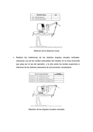 Medición de la distancia visual
• Realizar las mediciones de los distintos ángulos visuales verticales,
colocando una de las varillas extensibles del medidor en la línea horizontal
que pasa por el ojo del operador, y la otra sobre los bordes superiores e
inferiores de los distintos elementos de comunicación visualizados.
Medición de los ángulos visuales verticales
 