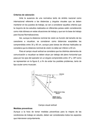 Criterios de valoración
Ante la ausencia de una normativa tanto de ámbito nacional como
internacional referente a las distancias y ángulos visuales que se deben
mantener en los puestos de trabajo, se van a considerar aquellos criterios que
la mayoría de los estudios realizados en diferentes países están considerando
como más idóneos en estas situaciones de trabajo y que son la base de trabajo
para futuras Normalizaciones.
Así, aunque la distancia nominal de visión es función del tamaño de los
caracteres a visualizar, se consideran como distancias aceptables las
comprendidas entre 35 y 85 cm, aunque para tareas de oficinas habituales se
considera que la distancia nominal de visión no debe ser inferior a 40 cm.
Para el campo visual vertical se considera que los distintos elementos de
comunicación a visualizar se deben situar por debajo del plano horizontal que
pasa por los ojos del operador en un ángulo comprendido entre -5º y -35º como
se representan en la figura 6, a fin de evitar los posibles problemas, tanto de
tipo ocular como muscular.
Campo visual vertical
Medidas preventivas
Aunque a la hora de tomar medidas preventivas para la mejora de las
condiciones de trabajo en estudio, deben ser considerados todos los aspectos
que intervienen conjuntamente.
 