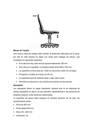 Mesas de Trabajo
Una buena mesa de trabajo debe facilitar el desarrollo adecuado de la tarea;
por ello en este estudio se eligió una mesa para trabajos de oficina, que
cumpliera los siguientes requisitos:
• Si la altura es fija, ésta será de aproximadamente 700 mm.
• Si la altura es regulable, la amplitud estará entre 680 y 700 mm.
• La superficie mínima será de 1.200 mm de ancho y 800 mm de largo.
• El espesor no debe ser mayor de 30 mm.
• La superficie será de material mate y color claro suave.
• Permitirá la colocación y los cambios de posición de las piernas.
Apoyapiés
Los apoyapiés tienen un papel importante, siempre que no se disponga de
mesas regulables en altura, ya que permiten, generalmente a las personas de
pequeña estatura, evitar posturas inadecuadas.
La superficie de apoyo debe asegurar la correcta situación de los pies; las
características serán:
• Anchura 400 mm.
• Profundidad 400 mm.
• Altura 50 - 250 mm.
• Inclinación 10º.
 