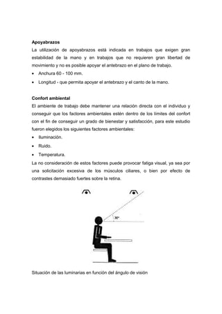 Apoyabrazos
La utilización de apoyabrazos está indicada en trabajos que exigen gran
estabilidad de la mano y en trabajos que no requieren gran libertad de
movimiento y no es posible apoyar el antebrazo en el plano de trabajo.
• Anchura 60 - 100 mm.
• Longitud - que permita apoyar el antebrazo y el canto de la mano.
Confort ambiental
El ambiente de trabajo debe mantener una relación directa con el individuo y
conseguir que los factores ambientales estén dentro de los límites del confort
con el fin de conseguir un grado de bienestar y satisfacción, para este estudio
fueron elegidos los siguientes factores ambientales:
• Iluminación.
• Ruido.
• Temperatura.
La no consideración de estos factores puede provocar fatiga visual, ya sea por
una solicitación excesiva de los músculos ciliares, o bien por efecto de
contrastes demasiado fuertes sobre la retina.
Situación de las luminarias en función del ángulo de visión
 