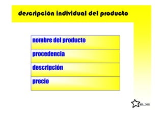 descripción individual del producto


    nombre del producto

    procedencia

    descripción

    precio
 