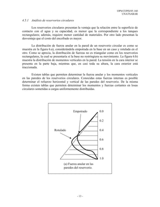 OPS/CEPIS/05.160
                                                                                UNATSABAR

4.5.1 Análisis de reservorios circulares

       Los reservorios circulares presentan la ventaja que la relación entre la superficie de
contacto con el agua y su capacidad, es menor que la correspondiente a los tanques
rectangulares; además, requiere menor cantidad de materiales. Por otro lado presentan la
desventaja que el costo del encofrado es mayor.

       La distribución de fuerza anular en la pared de un reservorio circular es como se
muestra en la figura 6.a), considerándola empotrada en la base en un caso y rotulada en el
otro. Como se aprecia, la distribución de fuerzas no es triangular como en los reservorios
rectangulares, la cual se presentaría si la base no restringiera su movimiento. La figura 6.b)
muestra la distribución de momentos verticales en la pared. La tensión en la cara interior se
presenta en la parte baja, mientras que, en casi toda su altura, la cara exterior está
traccionada.

        Existen tablas que permiten determinar la fuerza anular y los momentos verticales
en las paredes de los reservorios circulares. Conocidas estas fuerzas internas es posible
determinar el refuerzo horizontal y vertical de las paredes del reservorio. De la misma
forma existen tablas que permiten determinar los momentos y fuerzas cortantes en losas
circulares sometidas a cargas uniformemente distribuidas.




                                         Empotrado            0.0


                                                              0.2


                          Rotulado                            0.4


                                                              0.6


                                                              0.8


                                                              1.0
                                 (a) Fuerza anular en las
                                 paredes del reservorio.




                                            - 13 -
 