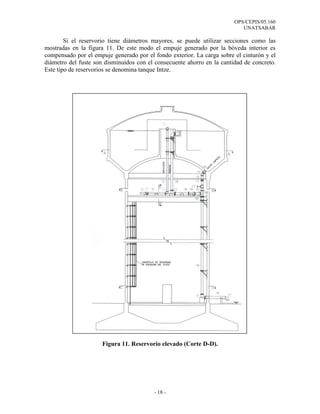 OPS/CEPIS/05.160
                                                                           UNATSABAR

        Si el reservorio tiene diámetros mayores, se puede utilizar secciones como las
mostradas en la figura 11. De este modo el empuje generado por la bóveda interior es
compensado por el empuje generado por el fondo exterior. La carga sobre el cinturón y el
diámetro del fuste son disminuidos con el consecuente ahorro en la cantidad de concreto.
Este tipo de reservorios se denomina tanque Intze.




                      Figura 11. Reservorio elevado (Corte D-D).




                                         - 18 -
 