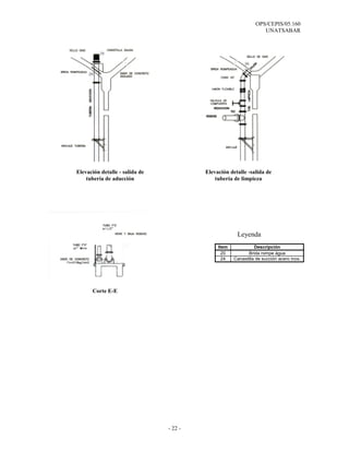 OPS/CEPIS/05.160
                                                                  UNATSABAR




Elevación detalle - salida de            Elevación detalle -salida de
    tubería de aducción                      tubería de limpieza




                                                      Leyenda
                                              Item             Descripción
                                                20          Brida rompe água
                                                24   Canastilla de succión acero inox.




      Corte E-E




                                - 22 -
 