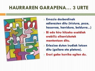 HAURRAREN GARAPENA… 3 URTE
 Emozio desberdinak
adierazten ditu (tristura, poza,
haserrea, harridura, beldurra...)
 Bi edo hiru hitzeko esaldiak
erabiliz elkarrizketak
mantentzen ditu.
 Erlazioa duten irudiak lotzen
ditu (goilara eta platera).
 Erori gabe korrika egiten du.
 