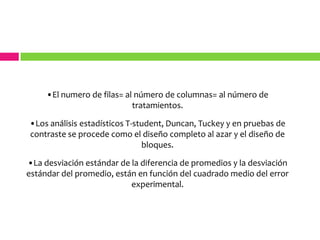 En cada fila y en cada columna, el número de unidades es igual al número de tratamientos.