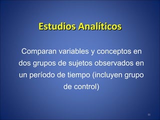Estudios  Analíticos Comparan variables y conceptos en dos grupos de sujetos observados en un período de tiempo (incluyen grupo de control) 