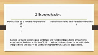 Manipulación de la variable independiente Medición del efecto en la variable dependiente
XA y
XB
•
•
•
La letra "X" suele utilizarse para simbolizar una variable independiente o tratamiento
experimental, las letras subíndices "A, B .. ." indican distintos niveles de variación de la
independiente y la letra “y” se utiliza para representar una variable dependiente.
 Esquematización:
 