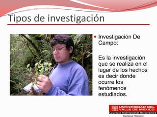 Tipos de investigación
                    Investigación De
                    Campo:

                    Es la investigación
                    que se realiza en el
                    lugar de los hechos
                    es decir donde
                    ocurre los
                    fenómenos
                    estudiados.
 