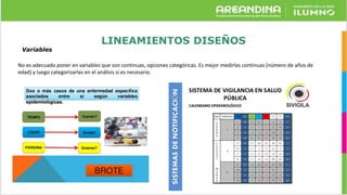 LINEAMIENTOS DISEÑOS
Variables
No es adecuado poner en variables que son continuas, opciones categóricas. Es mejor medirlas continuas (número de años de
edad) y luego categorizarlas en el análisis si es necesario.
 