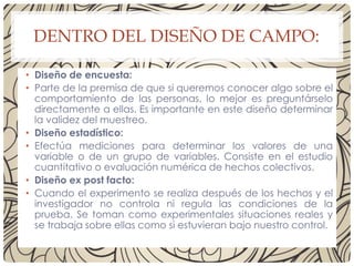 DENTRO DEL DISEÑO DE CAMPO:
• Diseño de encuesta:
• Parte de la premisa de que si queremos conocer algo sobre el
comportamiento de las personas, lo mejor es preguntárselo
directamente a ellas. Es importante en este diseño determinar
la validez del muestreo.
• Diseño estadístico:
• Efectúa mediciones para determinar los valores de una
variable o de un grupo de variables. Consiste en el estudio
cuantitativo o evaluación numérica de hechos colectivos.
• Diseño ex post facto:
• Cuando el experimento se realiza después de los hechos y el
investigador no controla ni regula las condiciones de la
prueba. Se toman como experimentales situaciones reales y
se trabaja sobre ellas como si estuvieran bajo nuestro control.
 
