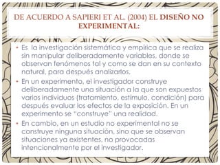 DE ACUERDO A SAPIERI ET AL. (2004) EL DISEÑO NO
EXPERIMENTAL:
• Es la investigación sistemática y empírica que se realiza
sin manipular deliberadamente variables, donde se
observan fenómenos tal y como se dan en su contexto
natural, para después analizarlos.
• En un experimento, el investigador construye
deliberadamente una situación a la que son expuestos
varios individuos (tratamiento, estímulo, condición) para
después evaluar los efectos de la exposición. En un
experimento se “construye” una realidad.
• En cambio, en un estudio no experimental no se
construye ninguna situación, sino que se observan
situaciones ya existentes, no provocadas
intencionalmente por el investigador.
 