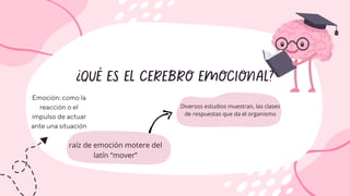 ¿QUÉ ES EL CEREBRO EMOCIONAL?
Emoción: como la
reacción o el
impulso de actuar
ante una situación
raíz de emoción motere del
latín “mover”
Diversos estudios muestran, las clases
de respuestas que da el organismo
 