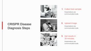 CRISPR Disease
Diagnosis Steps
Collect test sample.
Presentations are
communication tools.
Upload image.
Presentations are
communication tools.
Get results in
30 minutes.
Presentations are
communication tools.
1.
2.
3.
 