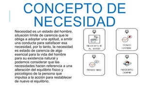 CONCEPTO DE
NECESIDADNecesidad es un estado del hombre,
situación límite de carencia que le
obliga a adoptar una aptitud, a emitir
una conducta para satisfacer esa
necesidad, por lo tanto, la necesidad
es estado de carencia de algo
esencial para la vida del hombre
para su existencia natural y
podemos considerar que las
necesidades hacen referencia a una
alteración del equilibrio físico y
psicológico de la persona que
impulsa a la acción para restablecer
de nuevo el equilibrio.
 