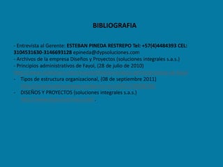 BIBLIOGRAFIA

- Entrevista al Gerente: ESTEBAN PINEDA RESTREPO Tel: +57(4)4484393 CEL:
3104531630-3146693128 epineda@dypsoluciones.com
- Archivos de la empresa Diseños y Proyectos (soluciones integrales s.a.s.)
- Principios administrativos de Fayol, (28 de julio de 2010)
http://www.slideshare.net/renascentOak/principios-administrativos-de-fayol
- Tipos de estructura organizacional, (08 de septiembre 2011)
    http://crearunaempresaya.wordpress.com/2011/09/08/58/
- DISEÑOS Y PROYECTOS (soluciones integrales s.a.s.)
    http://www.dypsoluciones.com/.
 