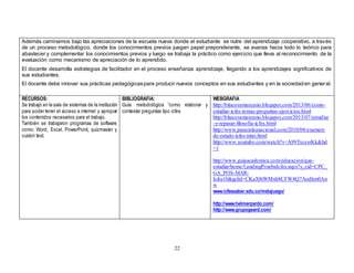 Además caminamos bajo las apreciaciones de la escuela nueva donde el estudiante se nutre del aprendizaje cooperativo, a través 
de un proceso metodológico, donde los conocimientos previos juegan papel preponderante, se avanza hacia todo lo teórico para 
abastecer y complementar los conocimientos previos y luego se trabaja la práctico como ejercicio que lleva al reconocimiento de la 
evaluación como mecanismo de apreciación de lo aprendido. 
El docente desarrolla estrategias de facilitador en el proceso enseñanza aprendizaje, llegando a los aprendizajes significativos de 
sus estudiantes. 
El docente debe innovar sus prácticas pedagógicas para producir nuevos conceptos en sus estudiantes y en la sociedad en general. 
22 
RECURSOS: 
Se trabajó en la sala de sistemas de la institución 
para poder tener el acceso a internet y apropiar 
los contenidos necesarios para el trabajo. 
También se trabajaron programas de software 
como: Word, Excel, PowerPoint, quizmaster y 
custon test. 
BIBLIOGRAFIA: 
Guía metodológica “como elaborar y 
contestar preguntas tipo icfes 
WEBGRAFIA 
http://bitacoramanzano.blogspot.com/2013/06/como-estudiar- 
icfes-temas-preguntas-ejercicios.html 
http://bitacoramanzano.blogspot.com/2013/07/estudiar 
-y-repasar-filosofia-icfes.html 
http://www.pasaralaunacional.com/2010/04/examen-de- 
estado-icfes-mini.html 
http://www.youtube.com/watch?v=A99TscsvrKk&hd 
=1 
http://www.guiaacademica.com/educacion/que-estudiar/ 
home/LandingPruebaIcfes.aspx?s_cid=CPC_ 
GA_POS-MAR-Icfes10& 
gclid=CKaX8tWMxb8CFW4Q7Aodhm0An 
w 
www.icfessaber.edu.co/melajuego/ 
http://www.helmerpardo.com/ 
http://www.grupogeard.com/ 
 