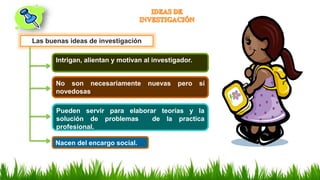 Intrigan, alientan y motivan al investigador.
No son necesariamente nuevas pero sí
novedosas.
Las buenas ideas de investigación
Pueden servir para elaborar teorías y la
solución de problemas de la practica
profesional.
Nacen del encargo social.
 