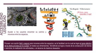 Proveer una opción fácil y segura para moverse entre los espacios. es la facilidad con la cual se logra el goce efectivo
de la oferta provista por la ciudad, en todas sus dimensiones. Tal disfrute se logra a través de la consecución de bienes
o servicios, la realización de actividades, o el alcance de destinos deseados.
ACCESIBILIDAD
LEGIBILIDAD
Ayudar a los usuarios encontrar su camino y
moverse entre los espacios.
 