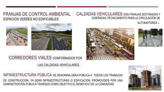 INFRAESTRUCTURA PÚBLICA SE DENOMINA OBRA PÚBLICA A TODOS LOS TRABAJOS
DE CONSTRUCCIÓN, YA SEAN INFRAESTRUCTURAS O EDIFICACIÓN, PROMOVIDOS POR UNA
ADMINISTRACIÓN PÚBLICA TENIENDO COMO OBJETIVO EL BENEFICIO DE LA COMUNIDAD
FRANJAS DE CONTROL AMBIENTAL
ESPACIOS VERDES NO EDIFICABLES
CORREDORES VIALES CONFORMADOS POR
LAS CALZADAS VEHICULARES, .
CALZADAS VEHICULARES SON FRANJAS DESTINADAS Y
DISEÑADAS TÉCNICAMENTE PARA LA CIRCULACIÓN DE
AUTOMOTORES.
 