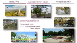 USO COLECTIVO LUGAR DE ENCUENTRO ALAIRE LIBRE PROTECCIÓN COLECTIVA
Parques y zonas verdes
Parque ecológico y recreativo
Plazas y plazoletas
ESPACIO PUBLICO EFECTIVO
 