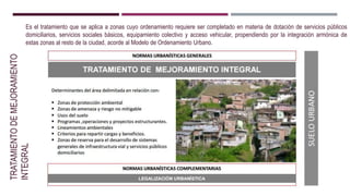 TRATAMIENTODEMEJORAMIENTO
INTEGRAL.Es el tratamiento que se aplica a zonas cuyo ordenamiento requiere ser completado en materia de dotación de servicios públicos
domiciliarios, servicios sociales básicos, equipamiento colectivo y acceso vehicular, propendiendo por la integración armónica de
estas zonas al resto de la ciudad, acorde al Modelo de Ordenamiento Urbano.
 