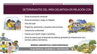 DETERMINANTES DEL ÁREA DELIMITADA EN RELACIÓN CON:
• Zonas de protección ambiental
• Zonas de amenaza y riesgo no mitigable
• Usos del suelo
• Programas ,operaciones y proyectos estructurantes.
• Lineamientos ambientales
• Criterios para repartir cargas y beneficios.
• Zonas de reserva para el desarrollo de sistemas generales de infraestructura vial y
servicios públicos domiciliarios.
 
