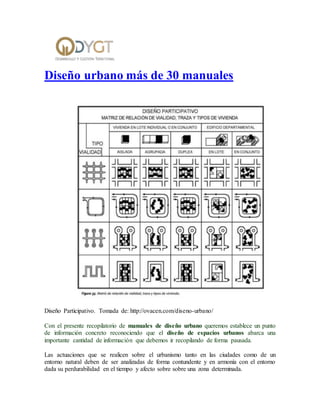 Diseño urbano más de 30 manuales
Diseño Participativo. Tomada de: http://ovacen.com/diseno-urbano/
Con el presente recopilatorio de manuales de diseño urbano queremos establece un punto
de información concreto reconociendo que el diseño de espacios urbanos abarca una
importante cantidad de información que debemos ir recopilando de forma pausada.
Las actuaciones que se realicen sobre el urbanismo tanto en las ciudades como de un
entorno natural deben de ser analizadas de forma contundente y en armonía con el entorno
dada su perdurabilidad en el tiempo y afecto sobre sobre una zona determinada.
 