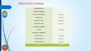 INVERSIÓN FIJA
Inversión tangible
Equipos y herramientas 8,394.00
Infraestructura 43,489.10
Inversión en vacas 360,000.00
Equipos de oficina 5,000.00
Inversión intangible
Estudios 10,000.00
CAPITAL DE TRABAJO
Mano de obra 70,500.00
Remuneraciones 5,875.00
Gastos generales 5,000.00
TOTAL S/. 508,258.1
PRESUPUESTO GENERAL
 