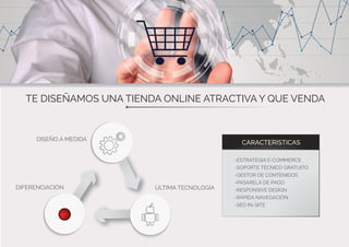 DISEÑO A MEDIDA
TE DISEÑAMOS UNA TIENDA ONLINE ATRACTIVA Y QUE VENDA
ÚLTIMA TECNOLOGÍADIFERENCIACIÓN
CARACTERÍSTICAS
-ESTRATEGIA E-COMMERCE
-SOPORTE TÉCNICO GRATUITO
-GESTOR DE CONTENIDOS
-PASARELA DE PAGO
-RESPONSIVE DESIGN
-RÁPIDA NAVEGACIÓN
-SEO IN-SITE
 