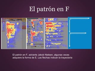 El patrón en F
El patrón en F, advierte Jakob Nielsen, algunas veces
adquiere la forma de E. Las flechas indican la trayectoria
 