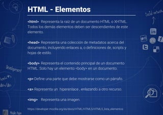 HTML - Elementos
<html>	 Representa la raíz de un documento HTML o XHTML.
Todos los demás elementos deben ser descendientes de este
elemento.

<head>	Representa una colección de metadatos acerca del
documento, incluyendo enlaces a, o definiciones de, scripts y
hojas de estilo.

<body>	Representa el contenido principal de un documento
HTML. Solo hay un elemento <body> en un documento.

<p>	Define una parte que debe mostrarse como un párrafo.

<a>	Representa un hiperenlace , enlazando a otro recurso.

<img>	 Representa una imagen.

https://developer.mozilla.org/es/docs/HTML/HTML5/HTML5_lista_elementos
 