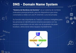 DNS - Domain Name System
“Sistema de Nombres de Dominio”: es un sistema de nombres
ordenados jerarquicamente, para los dispositivos que estan
conectados a redes con una IP (Internet o una red privada).

Su función más importante es “traducir” nombres inteligibles para
las personas en identificadores binarios asociados con los
equipos conectados a la red, esto con el propósito de poder
localizar y direccionar estos equipos mundialmente.
 