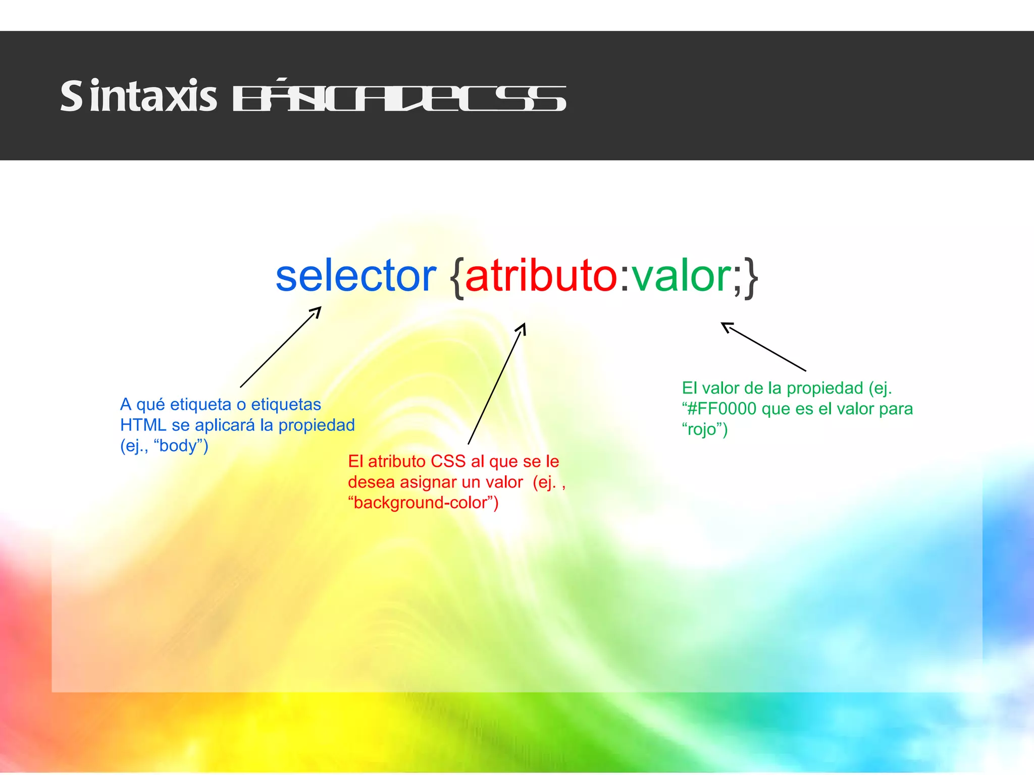 Sintaxis  básica de CSS selector  { atributo : valor ;} A qué etiqueta o etiquetas HTML se aplicará la propiedad (ej., “body”) El atributo CSS al que se le desea asignar un valor  (ej. , “background-color”) El valor de la propiedad (ej. “#FF0000 que es el valor para “rojo”) 