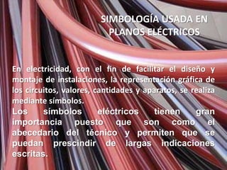 SIMBOLOGÍA USADA EN
                          PLANOS ELÉCTRICOS


En electricidad, con el fin de facilitar el diseño y
montaje de instalaciones, la representación gráfica de
los circuitos, valores, cantidades y aparatos, se realiza
mediante símbolos.
Los      símbolos        eléctricos     tienen     gran
importancia puesto que son como el
abecedario del técnico y permiten que se
puedan prescindir de largas indicaciones
escritas.
 