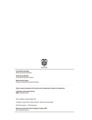 Cecilia María Vélez White
Ministra de Educación Nacional

Gabriel Burgos Mantilla
Viceministro de Educación Superior

Maritza Rondón Rangel
Directora de Calidad de la Educación Superior



Diseño y ajuste de programas de formación para el trabajo bajo el enfoque de competencias.

© Ministerio de Educación Nacional
ISBN: 978-958-691-298-3



Textos: Qualificar. Liliana González Ávila.

Fotografías: Cortesía SENA Dirección General - Oficina de Comunicaciones

2008 Primera edición / 10.000 ejemplares

Ministerio de Educación Nacional. Bogotá, Colombia, 2008
www.mineducacion.gov.co
 