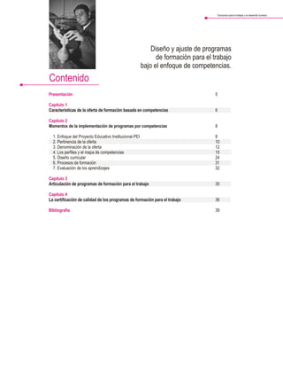 Educación para el trabajo y el desarrollo humano




                                                            Diseño y ajuste de programas
                                                              de formación para el trabajo
                                                        bajo el enfoque de competencias.
Contenido
Presentación                                                                        5

Capítulo 1
Características de la oferta de formación basada en competencias                    6

Capítulo 2
Momentos de la implementación de programas por competencias                         8

  1. Enfoque del Proyecto Educativo Institucional-PEI                               8
  2. Pertinencia de la oferta                                                       10
  3. Denominación de la oferta                                                      12
  4. Los perfiles y el mapa de competencias                                         15
  5. Diseño curricular                                                              24
  6. Procesos de formación                                                          31
  7. Evaluación de los aprendizajes                                                 32

Capítulo 3
Articulación de programas de formación para el trabajo                              35

Capítulo 4
La certificación de calidad de los programas de formación para el trabajo           36

Bibliografía                                                                        39
 
