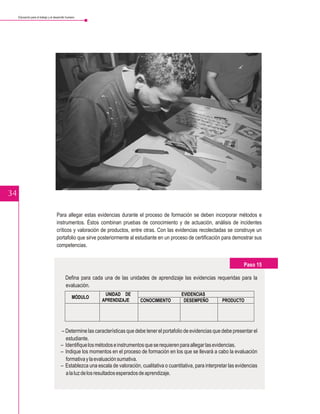 Educación para el trabajo y el desarrollo humano




34

                                     Para allegar estas evidencias durante el proceso de formación se deben incorporar métodos e
                                     instrumentos. Éstos combinan pruebas de conocimiento y de actuación, análisis de incidentes
                                     críticos y valoración de productos, entre otras. Con las evidencias recolectadas se construye un
                                     portafolio que sirve posteriormente al estudiante en un proceso de certificación para demostrar sus
                                     competencias.


                                                                                                                                    Paso 15

                                             Defina para cada una de las unidades de aprendizaje las evidencias requeridas para la
                                             evaluación.
                                                              UNIDAD DE                              EVIDENCIAS
                                                  MÓDULO
                                                             APRENDIZAJE        CONOCIMIENTO          DESEMPEÑO          PRODUCTO




                                         – Determine las características que debe tener el portafolio de evidencias que debe presentar el
                                           estudiante.
                                         – Identifique los métodos e instrumentos que se requieren para allegar las evidencias.
                                         – Indique los momentos en el proceso de formación en los que se llevará a cabo la evaluación
                                           formativa y la evaluación sumativa.
                                         – Establezca una escala de valoración, cualitativa o cuantitativa, para interpretar las evidencias
                                           a la luz de los resultados esperados de aprendizaje.
 