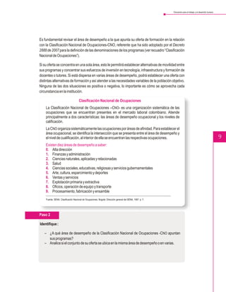 Educación para el trabajo y el desarrollo humano




Es fundamental revisar el área de desempeño a la que apunta su oferta de formación en la relación
con la Clasificación Nacional de Ocupaciones-CNO, referente que ha sido adoptado por el Decreto
2888 de 2007 para la definición de las denominaciones de los programas (ver recuadro “Clasificación
Nacional de Ocupaciones”).

Si su oferta se concentra en una sola área, esto le permitirá establecer alternativas de movilidad entre
sus programas y concentrar sus esfuerzos de inversión en tecnología, infraestructura y formación de
docentes o tutores. Si está dispersa en varias áreas de desempeño, podrá establecer una oferta con
distintas alternativas de formación y así atender a las necesidades variables de la población objetivo.
Ninguna de las dos situaciones es positiva o negativa, lo importante es cómo se aprovecha cada
circunstancia en la institución.

                                     Clasificación Nacional de Ocupaciones
    La Clasificación Nacional de Ocupaciones –CNO- es una organización sistemática de las
    ocupaciones que se encuentran presentes en el mercado laboral colombiano. Atiende
    principalmente a dos características: las áreas de desempeño ocupacional y los niveles de
    calificación.
    La CNO organiza sistemáticamente las ocupaciones por áreas de afinidad. Para establecer el
    área ocupacional, se identifica la intersección que se presenta entre el área de desempeño y
    el nivel de cualificación, al interior de ella se encuentran las respectivas ocupaciones.                                                                 9
    Existen diez áreas de desempeño a saber:
    0. Alta dirección
    1. Finanzas y administración
    2. Ciencias naturales, aplicadas y relacionadas
    3. Salud
    4. Ciencias sociales, educativas, religiosas y servicios gubernamentales
    5. Arte, cultura, esparcimiento y deportes
    6. Ventas y servicios
    7. Explotación primaria y extractiva
    8. Oficios, operación de equipo y transporte
    9. Procesamiento, fabricación y ensamble
    Fuente: SENA. Clasificación Nacional de Ocupaciones. Bogotá: Dirección general del SENA, 1997. p. 7.




Paso 2

Identifique :

   – ¿A qué área de desempeño de la Clasificación Nacional de Ocupaciones -CNO apuntan
     sus programas?
   – Analice si el conjunto de su oferta se ubica en la misma área de desempeño o en varias.
 