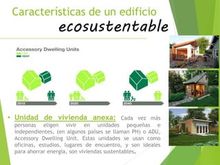 Características de un edificio
ecosustentable
• Unidad de vivienda anexa: Cada vez más
personas eligen vivir en unidades pequeñas e
independientes, (en algunos países se llaman PH) o ADU,
Accessory Dwelling Unit. Estas unidades se usan como
oficinas, estudios, lugares de encuentro, y son ideales
para ahorrar energía, son viviendas sustentables.
 