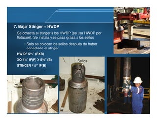 Se conecta el stinger a los HWDP (se usa HWDP por
flotación). Se instala y se pasa grasa a los sellos
• Solo se colocan los sellos después de haber
conectado el stinger
HW DP 5½” (PXB)
XO 4½” IF(P) X 5½” (B)
STINGER 4½” IF(B)
7. Bajar Stinger + HWDP
Sellos
 