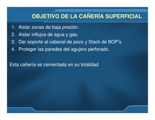 OBJETIVO DE LA CAÑERÍA SUPERFICIALOBJETIVO DE LA CAÑERÍA SUPERFICIAL
1. Aislar zonas de baja presión.
2. Aislar influjos de agua y gas.
3. Dar soporte al cabezal de pozo y Stack de BOP’s.
4. Proteger las paredes del agujero perforado.
Esta cañería es cementada en su totalidad
 