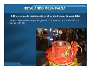 Instalar mesa auxiliar y bajar Stinger con XO + 6 piezas de 5.5” HWDP+ XX
tiros de 5.5” DP.
9. Una vez que la cañería esta en el fondo, instalar la mesa falsa
INSTALANDO MESA FALSAINSTALANDO MESA FALSA
 