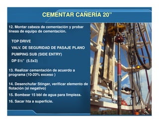 12. Montar cabeza de cementación y probar
líneas de equipo de cementación.
13. Realizar cementación de acuerdo a
programa (10-20% exceso )
TOP DRIVE
VALV. DE SEGURIDAD DE PASAJE PLANO
PUMPING SUB (SIDE ENTRY)
DP 5½” (5.5x3)
14. Desenchufar Stinger, verificar elemento de
flotación (si negativo)
15. Bombear 15 bbl de agua para limpieza.
16. Sacar hta a superficie.
CEMENTAR CAÑERÍA 20”CEMENTAR CAÑERÍA 20”
 