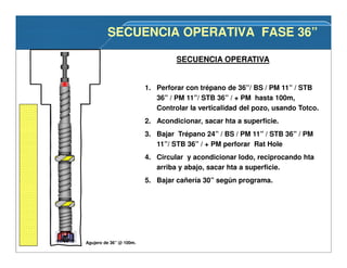 SECUENCIA OPERATIVA FASE 36”SECUENCIA OPERATIVA FASE 36”
SECUENCIA OPERATIVA
1. Perforar con trépano de 36”/ BS / PM 11” / STB
36” / PM 11”/ STB 36” / + PM hasta 100m,
Controlar la verticalidad del pozo, usando Totco.
2. Acondicionar, sacar hta a superficie.
3. Bajar Trépano 24” / BS / PM 11” / STB 36” / PM
11”/ STB 36” / + PM perforar Rat Hole
4. Circular y acondicionar lodo, reciprocando hta
arriba y abajo, sacar hta a superficie.
5. Bajar cañería 30” según programa.
Agujero de 36” @ 100m.
 