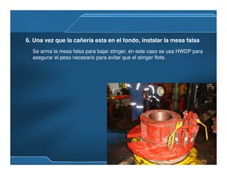 Se arma la mesa falsa para bajar stinger, en este caso se usa HWDP para
asegurar el peso necesario para evitar que el stinger flote.
6. Una vez que la cañería esta en el fondo, instalar la mesa falsa
 