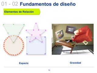 01 - 02 Fundamentos de diseño
 Elementos de Relación




           Espacio            Gravedad

                         10
 