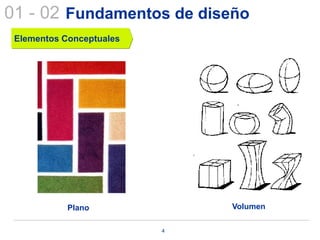01 - 02 Fundamentos de diseño
 Elementos Conceptuales




            Plano             Volumen

                          4
 