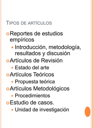 TIPOS DE ARTÍCULOS
 Reportes

de estudios
empíricos
 Introducción, metodología,
resultados y discusión
 Artículos de Re...